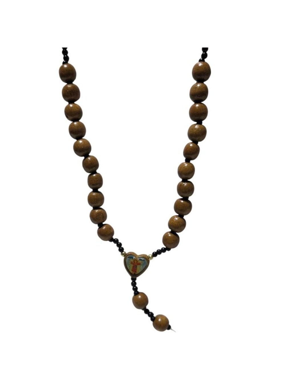 Wooden Rosary Necklace Heart Pendant Religious Image Catholic Prayer Beads